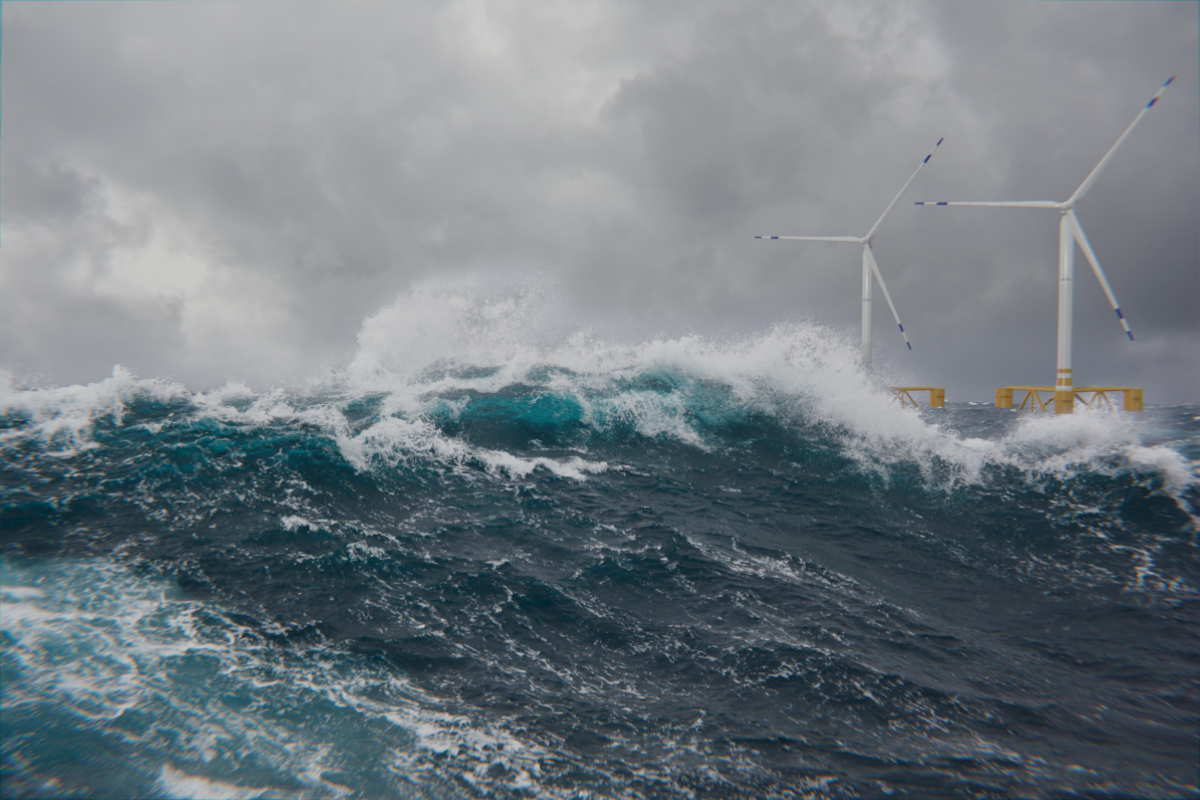 Strong wind, high waves and ocean wind turbines